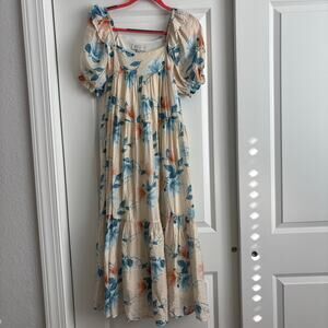 Hayden Watercolor Puff Sleeve Tiered Midi Dress M Boho Prairie Cottage